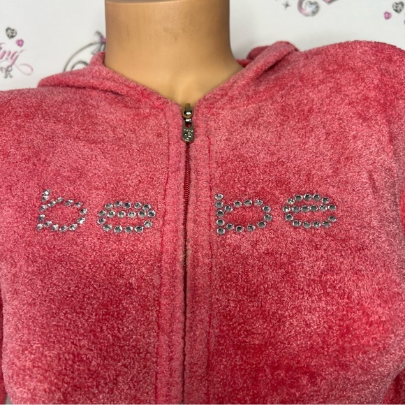 Bebe furry sweater fuzzy cropped pink coral bling rhinestone logo zip up y2k - Picture 15 of 16